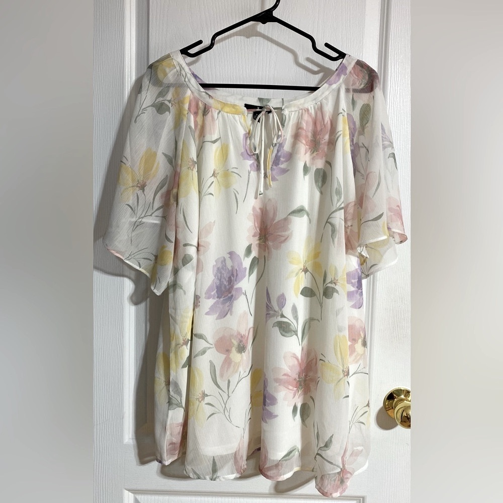 Jules & Leopold Floral Sheer Font Keyhole Tie Inner Liner Short Sleeve Blouse 3X